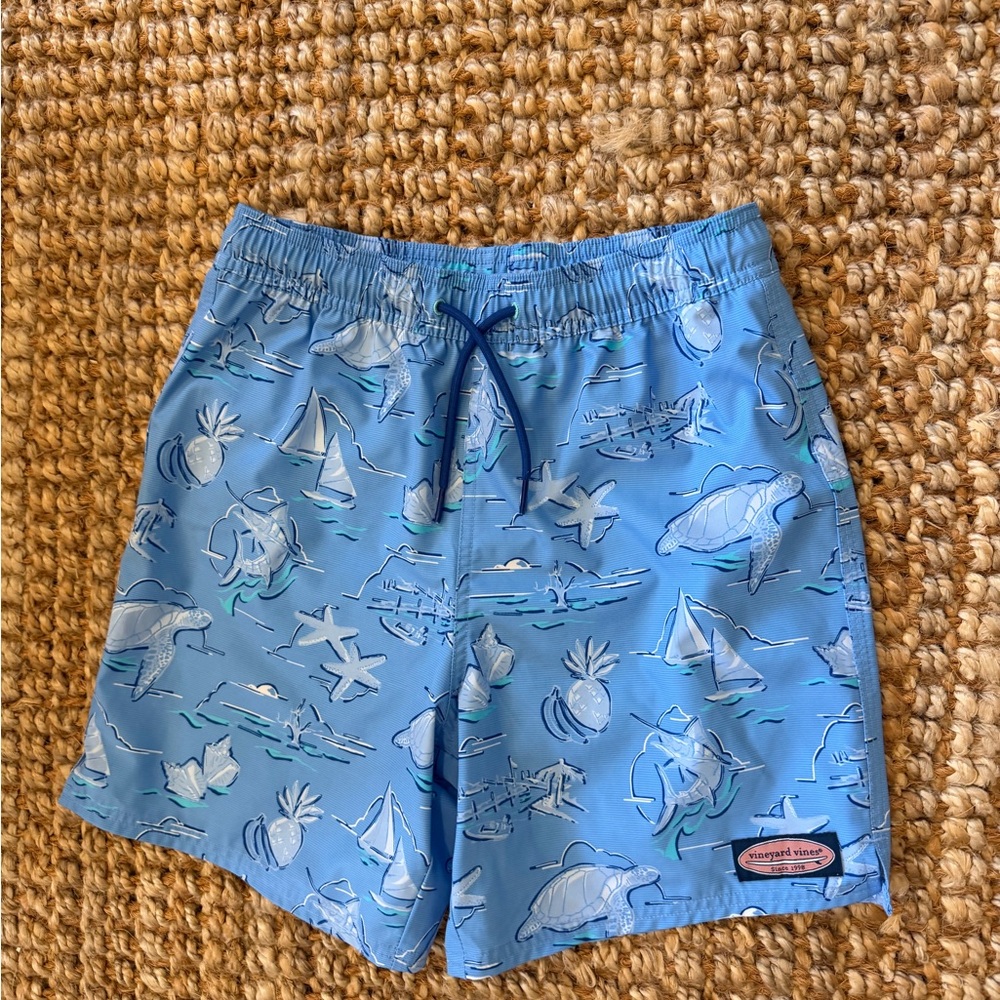 Vineyard Vines Blue Boys Swim Trunks with Nautical & Tropical Motifs NWOT Med